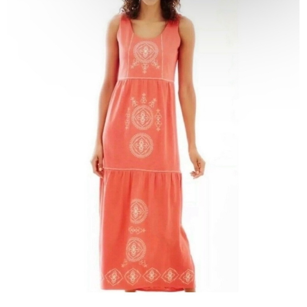 J. Jill Maxi Dress Small Coral Pink Casual Coastal Boho Folk Embroidered Tiered
